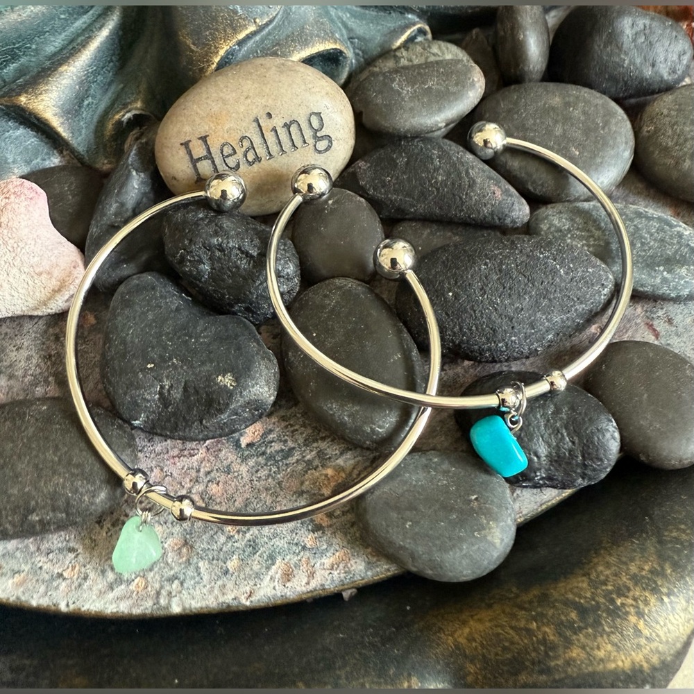 Set of 2 Stainless Steel Open Bangle Cuff Bracelets with dangle stone.